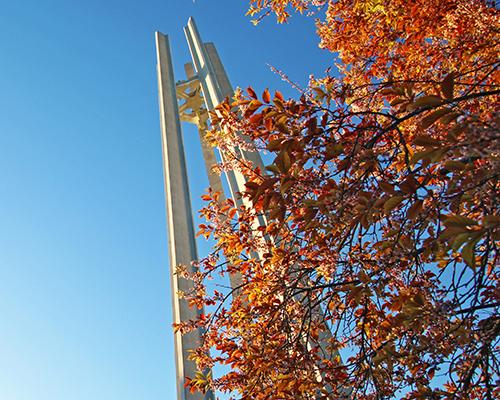 bell tower, fall leaves