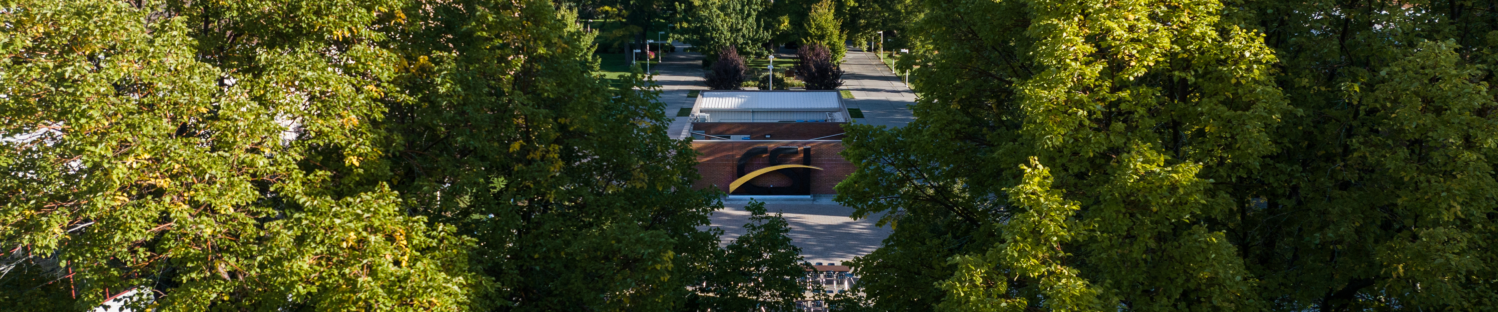 A drone shot of the CSI sign on the main campus through the trees 