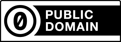 The international symbol for the public domain. Sometimes, this symbol is not included. ”Public Domain” indicates that there are no copyrights that need to be considered.