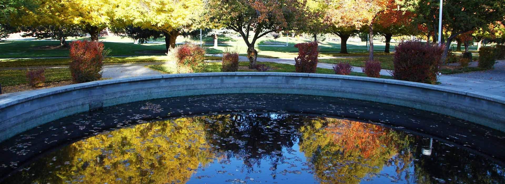 fall colors reflecting in the pond in the center of campus