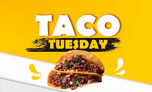 a picture of two street tacos on a white and gold background with the words Taco Tuesday