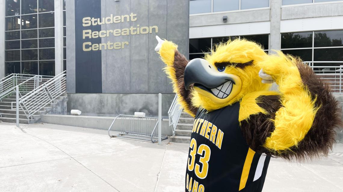 Gilbert the Golden Eagle Flexes infront of the Rec-Center