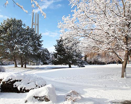 Snow-covered-campus-tower-in-background