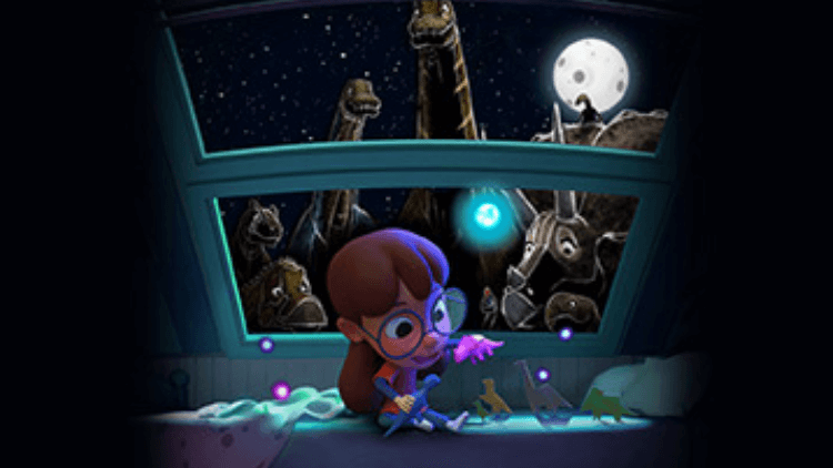 Little girl on her bed with dinosaurs