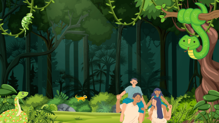 Family walking through a forest with snakes