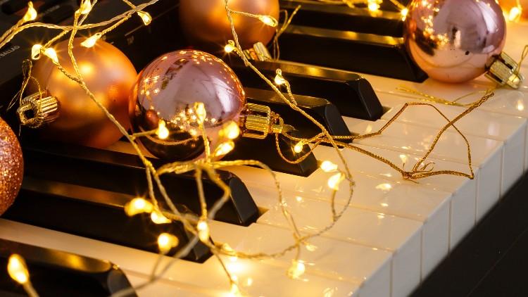 Christmas Decorations on a Piano Keyboard